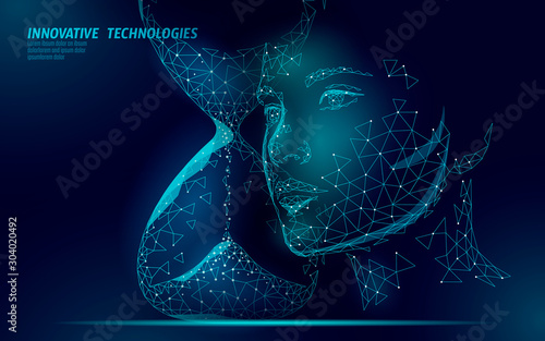 3D eye beauty woman face. Low poly science cosmetics ad technology. Woman face anti-aging lifting spa procedure. Female salon care skin treatment makeup. Polygonal vector illustration