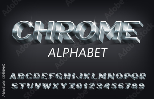 Chrome alphabet font. 3D metallic letters, numbers and symbols with shadow. Stock vector typescript for your design.