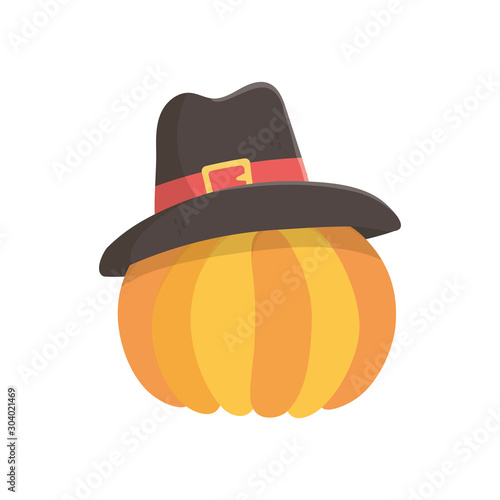 happy thanksgiving day pumpkin with pilgrim hat