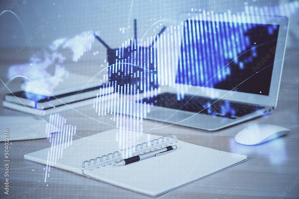 Multi exposure of business theme icons and table with computer background. Concept of success. Multi exposure of business theme icons and table with computer background. Concept of success.