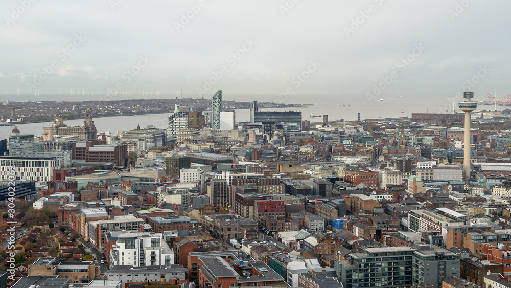 Panoramic View Over Liverpool - North-West Side Cityscape, England November 2019