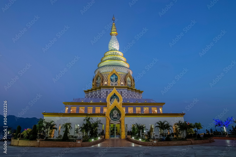 view morning of Crystal Pagoda or Chedi Kaew with blue sky background, Wat Tha Ton, Tha Ton, Fang, Chiang Mai, northern of Thailand.