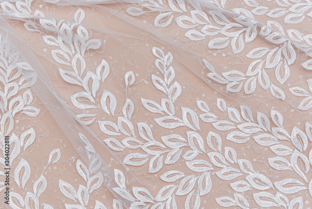Texture lace fabric. lace on white background studio. thin fabric made of yarn or thread. a background image of ivory-colored lace cloth. White lace on beige background. Texture lace fabric. lace on white background studio. thin fabric made of yarn or thread. a background image of ivory-colored lace cloth. White lace on beige background.