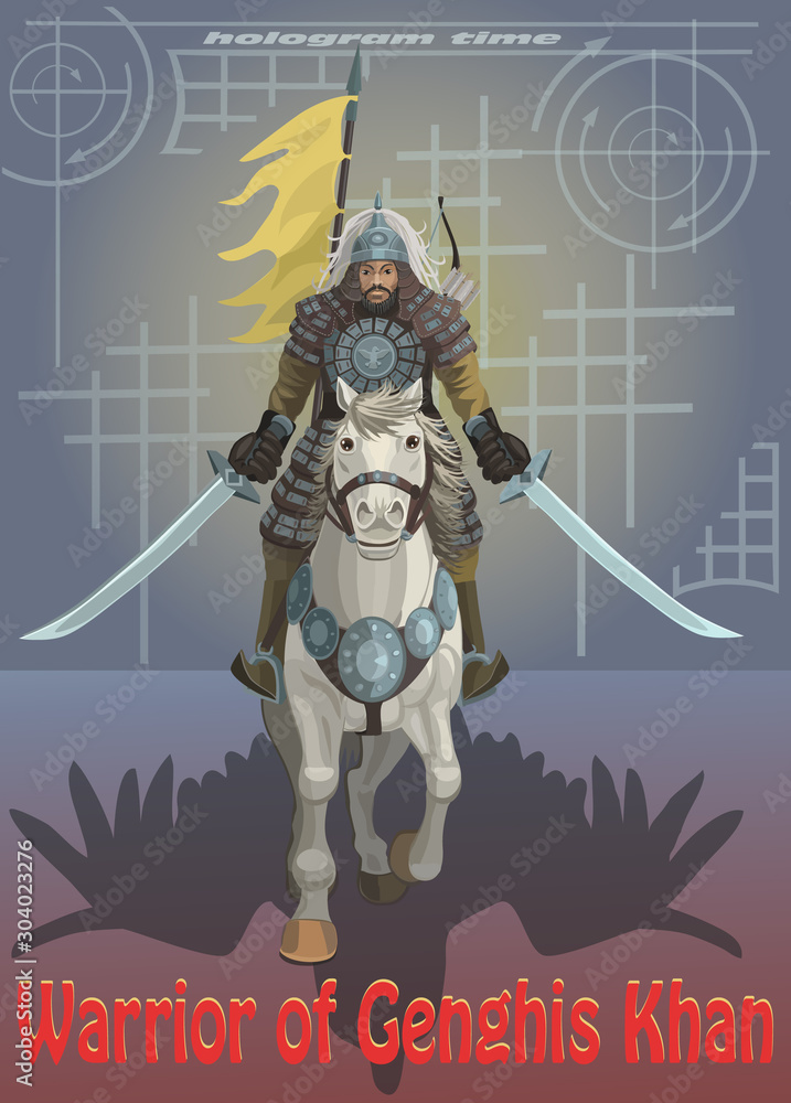 Warrior Genghis Khan on a white horse holding two swords, his shadow eagle flies rapidly to his
