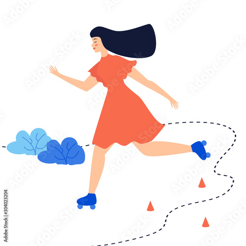 illustration of a girl in a red dress rollerblading between the cones in the park. flat style. sports healthy lifestyle. for design