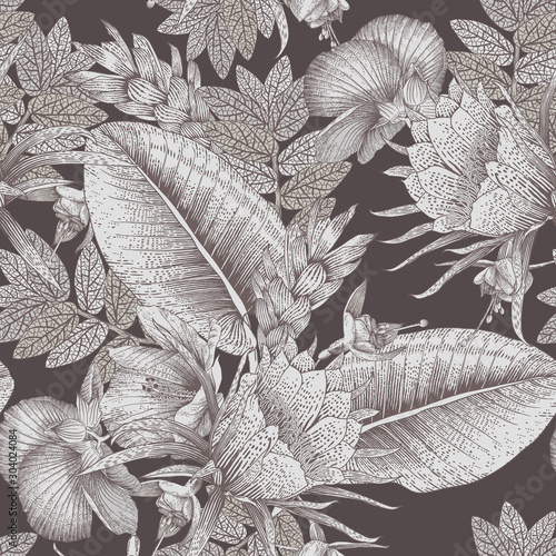 Seamless floral pattern with tropical flowers on dark background. Template design for textiles, interior, clothes, wallpaper. Vector illustration.  Botanical art.  Engraving style.  Monochrome