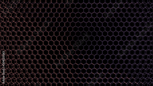 Abstract hexagonal wire mesh pattern; orange purple gradient honeycomb grid on black background 3d rendering, 3d illustration