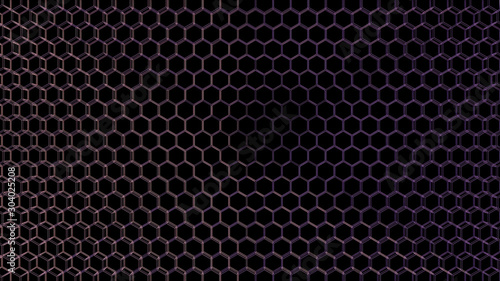 Abstract hexagonal pattern; orange purple gradient honeycomb grid on black background; mosaic wire mesh wallpaper 3d rendering, 3d illustration
