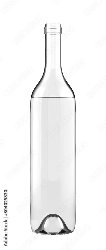 Standard Transparent Open Wine Glass Bottle. 26oz or 750ml (75cl, 0.75l) volume. 3D rendered Mock Up Isolated on White Background.