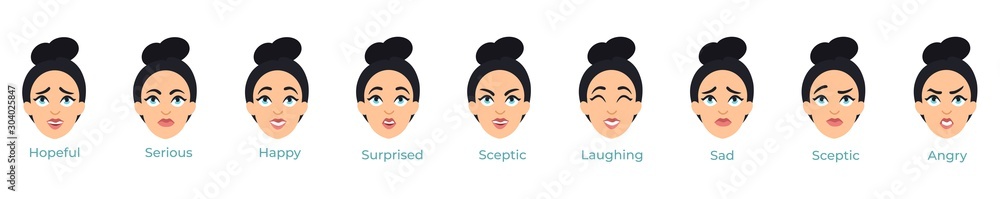 Young female pretty face with different expressions set vector illustration. Emotions of woman avatars showing anger, sadness, surprised, happiness,sceptic, serious flat style on white background Young female pretty face with different expressions set vector illustration. Emotions of woman avatars showing anger, sadness, surprised, happiness,sceptic, serious flat style on white background