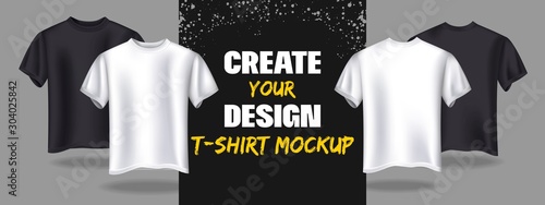 Creating fashion t-shirt banner mockup template vector illustration. White and black shirts with empty copy space for design flat style. Stylish and creative designing of clothes concept