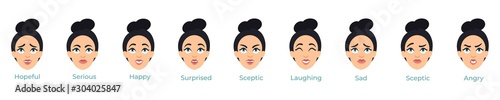 Young female pretty face with different expressions set vector illustration. Emotions of woman avatars showing anger, sadness, surprised, happiness,sceptic, serious flat style on white background