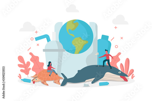 concept of plastics pollution environment effect to marine life with tiny people on whale and turtle, flat vector illustration for web, landing page, ui, banner, editorial, mobile app and flyer.