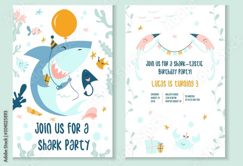Cute baby shark party invitation template vector illustration. Join us for shark-tastic celebration of happy birthday flat style concept. Inviting card in marine design