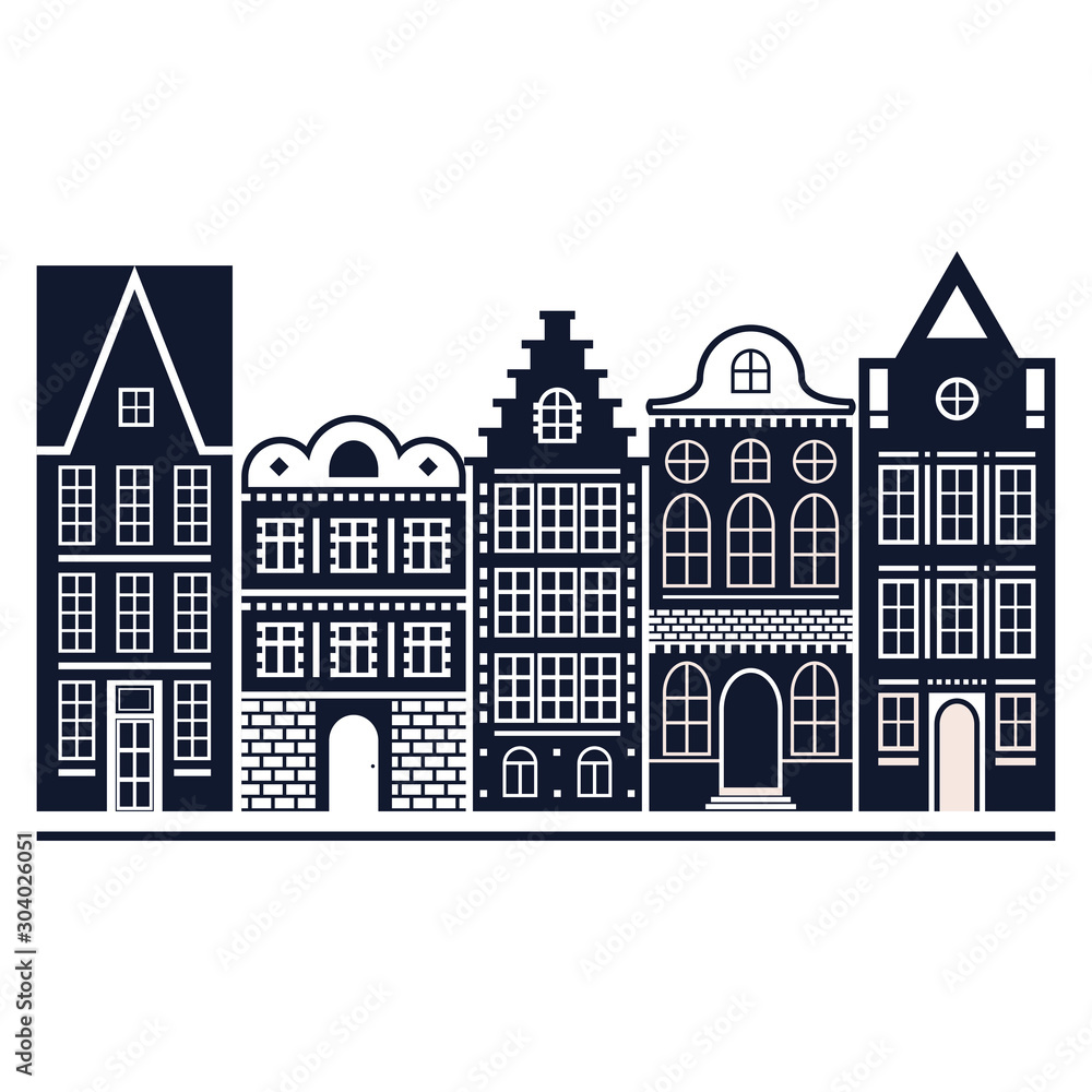 Big old town. Vector graphics. Dark silhouettes of houses. Multi-storey architecture. Residential quarter.