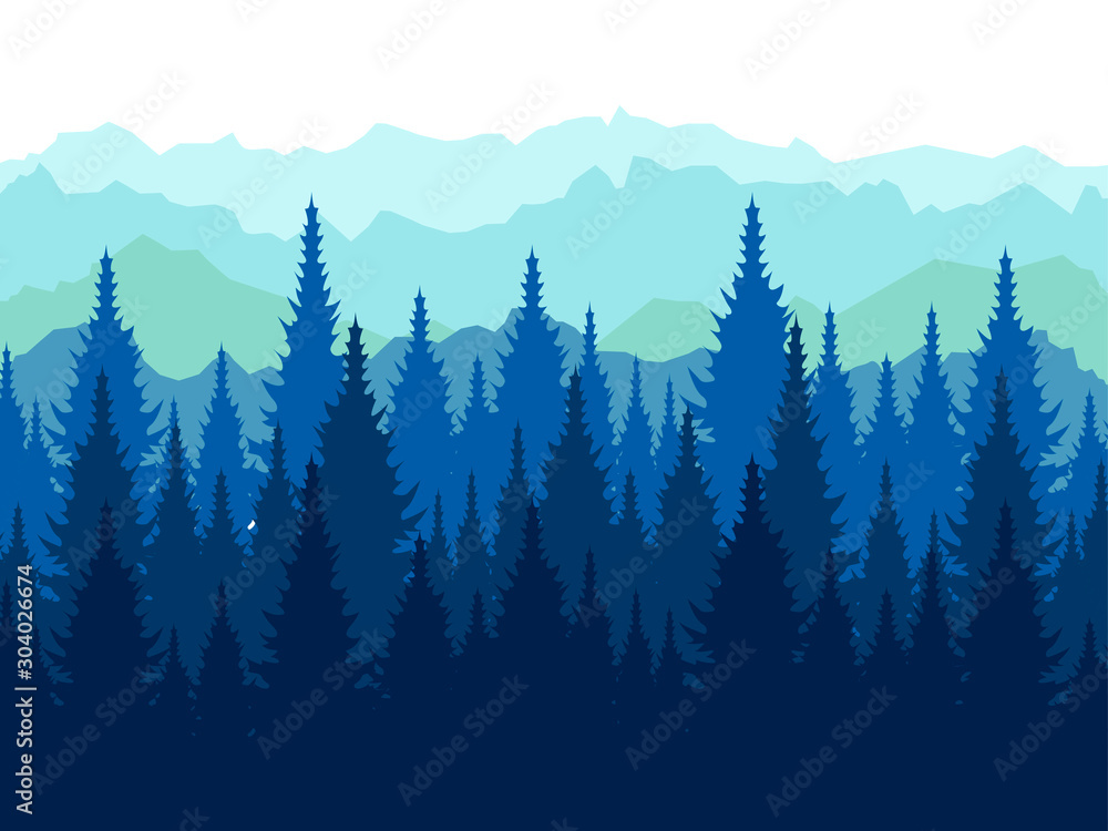 Fototapeta premium Landscape, tops of conifers. Paper forest. In minimalist style Cartoon flat raster