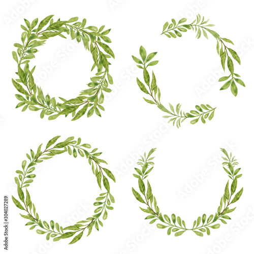 Set of watercolor green leaf wreath for decoration element