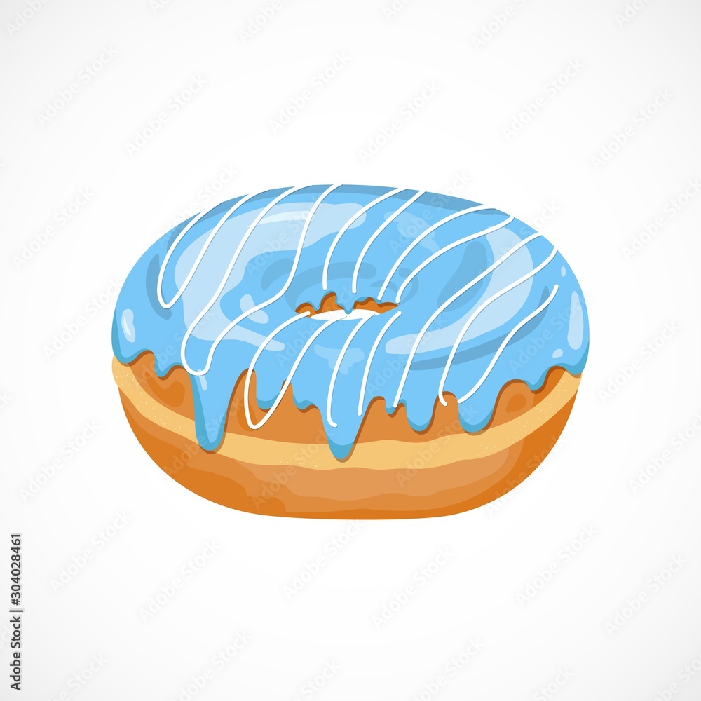 Vector isometric icon of Donut with blue glaze and sugar decorative icing isolated on white background. Cartoon flat hand drawn sweet dessert for menu, sweet shop, National Donut Day poster. Vector isometric icon of Donut with blue glaze and sugar decorative icing isolated on white background. Cartoon flat hand drawn sweet dessert for menu, sweet shop, National Donut Day poster.