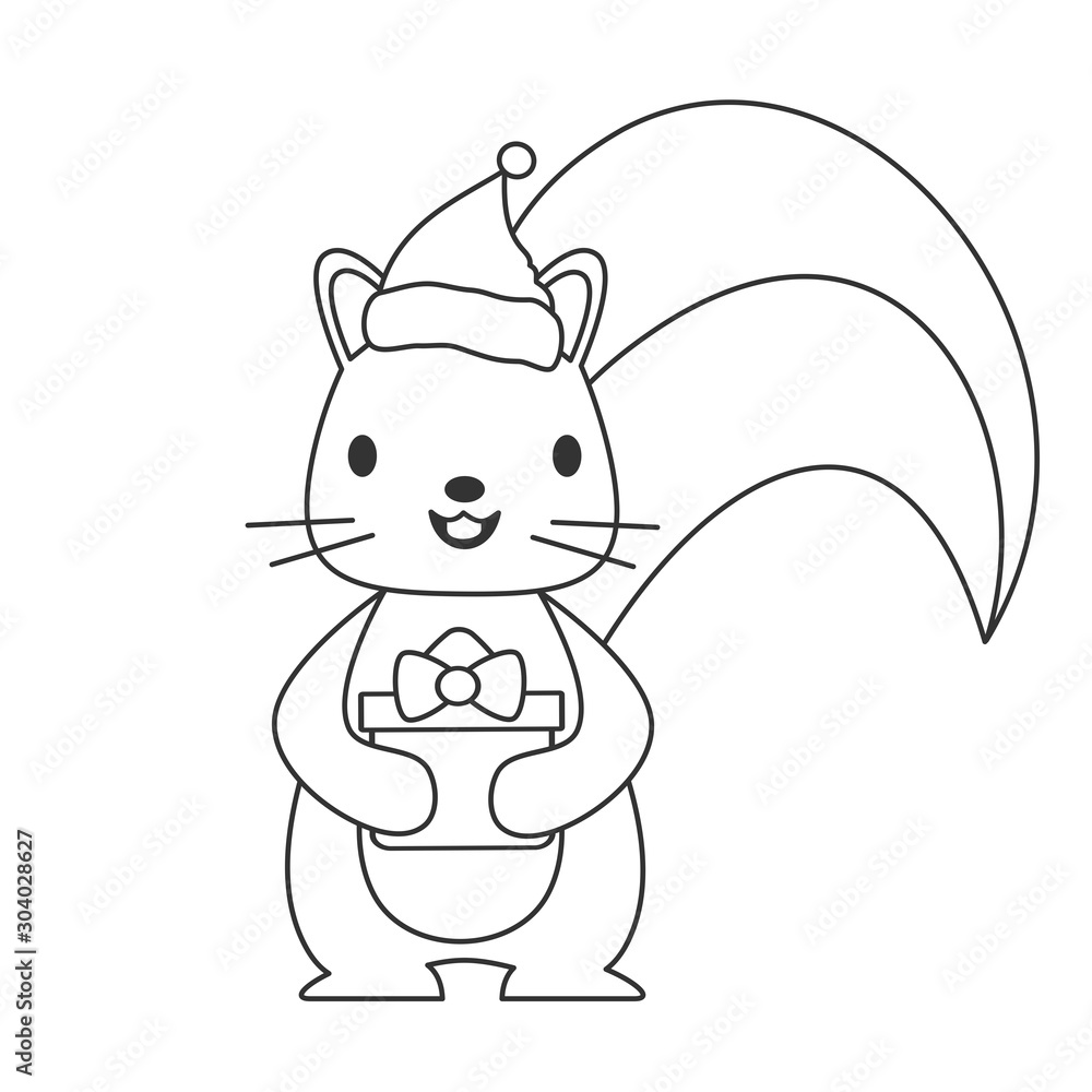 cute cartoon holidays black and white vector illustration for coloring art with squirrel with santa hat and christmas gift box cute cartoon holidays black and white vector illustration for coloring art with squirrel with santa hat and christmas gift box