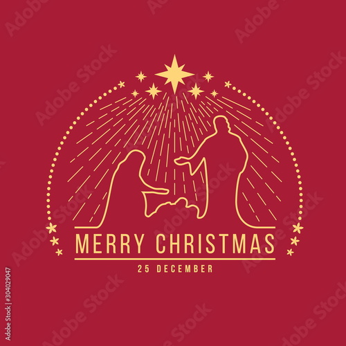 Merry Christmas banner sign with abstract gold line Nightly christmas scenery mary and joseph in a manger with baby Jesus and Meteor on red background vector design