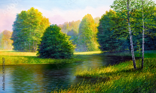 Oil painting landscape , summer on the river.