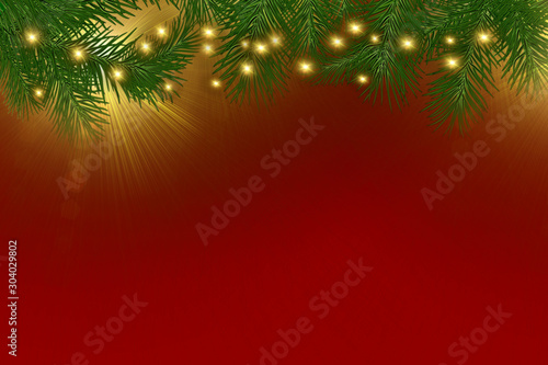 Christmas background tree and sparkle bokeh lights on red canvas background. Merry christmas card. Winter holiday theme. Happy New Year. Space for text