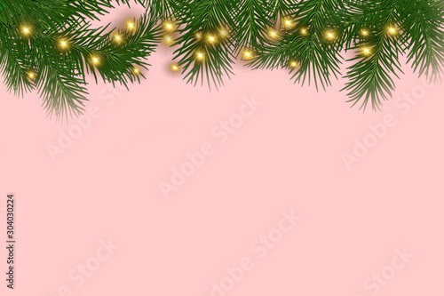 pastel pink background, fir tree, christmas lights. background for advertising or greetings.