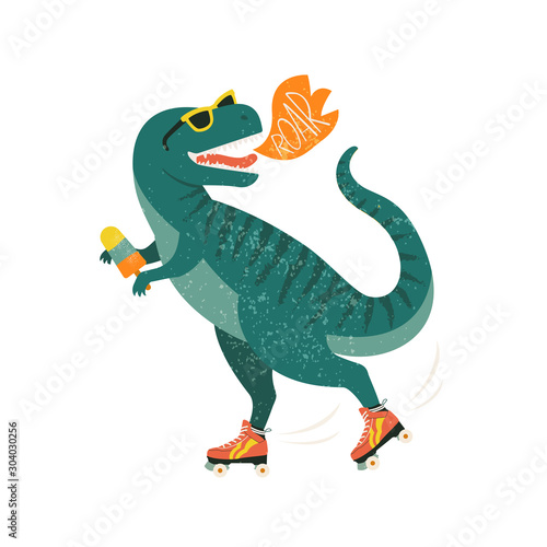 Dinosaur on roller skates with ice cream. Roar. Vector illustration.