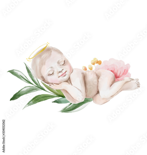 Cute watercolor newborn baby girl with floral wreath, flowers bouquet and angel nimb
