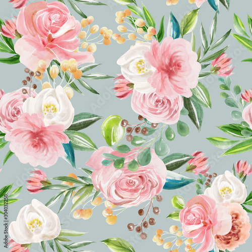 Beautiful floral seamless  tileable  watercolor pattern roses and peonies on blue background