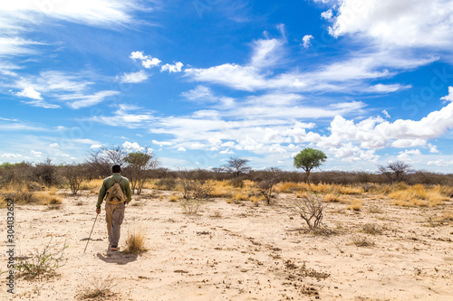 A namibian guide walking through a barren landscape, foot safari near Waterberg, Namibia, Africa