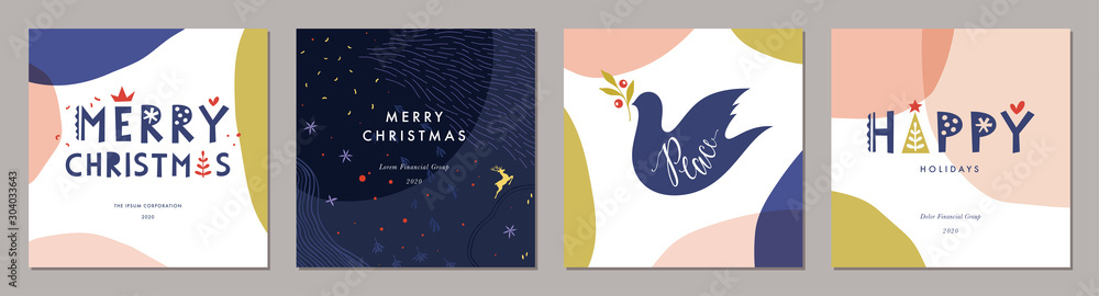 Merry Christmas greeting cards. Trendy abstract square Winter Holidays art templates. - obrazy, fototapety, plakaty 