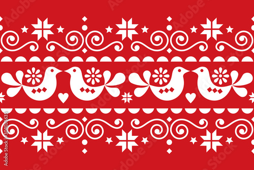 Christmas folk art vector seamless textile pattern, Scandinavian, Nordic festive pattern with birds, Christmas trees, snowflakes and hearts