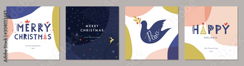 Merry Christmas greeting cards. Trendy abstract square Winter Holidays art templates.
