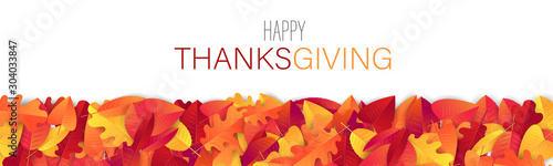 Thanksgiving sale banner, website header or newsletter cover. Red and orange fall leaves realistic vector illustration with lettering.
