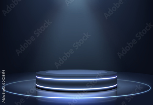 Stage for performances, product presentation podium or pedestal on glossy surface, illuminated in darkness with neon light rims and projector searchlight from above 3d realistic vector illustration