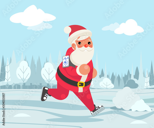 Santa claus christmas weight loss outdoor running health care run park cardio app smartphone cartoon fitness character design vector illustration