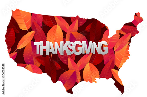 Thanksgiving banner. USA country mainland territory shape. Red and orange fall leaves on black and white background. realistic vector illustration with lettering.