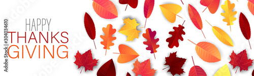 Thanksgiving banner, website header or newsletter cover. Red and orange fall leaves realistic vector illustration with lettering.