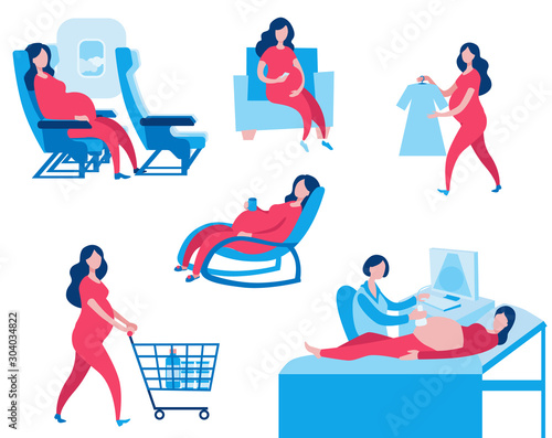 A set of images with a pregnant woman in life situations.