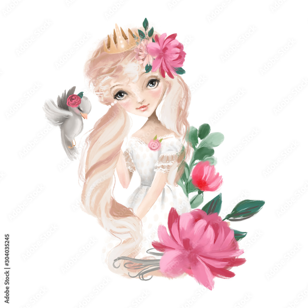 Beautiful princess girl in crown with long hair, bird and flowers ...