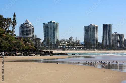 Coolangatta beach, Queensland, Australia, with its high-rise tourist apartment buildings lining the coast.