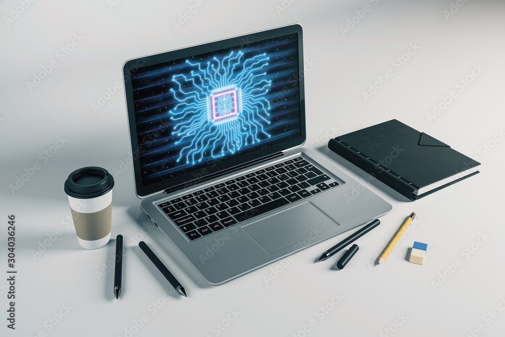 Laptop closeup with brain drawing on computer screen. Big data concept. 3d rendering. Laptop closeup with brain drawing on computer screen. Big data concept. 3d rendering.