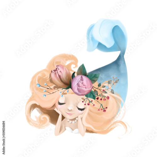 Dekoracja na wymiar  cute-and-beautiful-little-mermaid-with-long-hair-and-flowers-watercolor-illustration