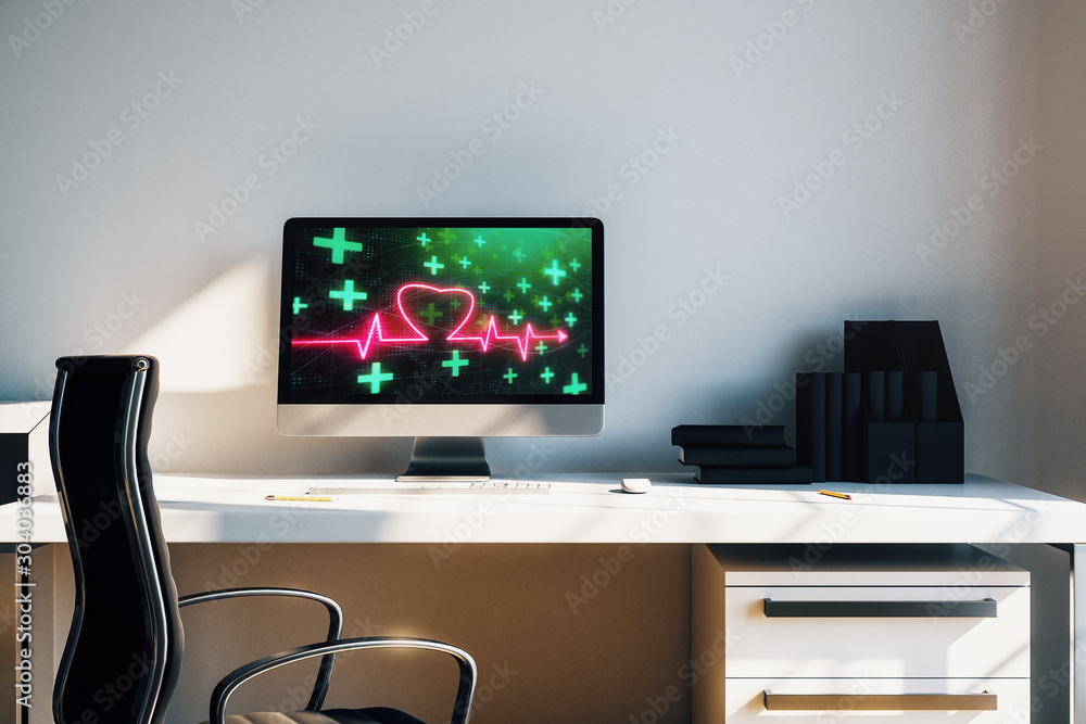Desktop interior with human heart drawing on computer screen, table and chair. Concept of medical education. 3d rendering.