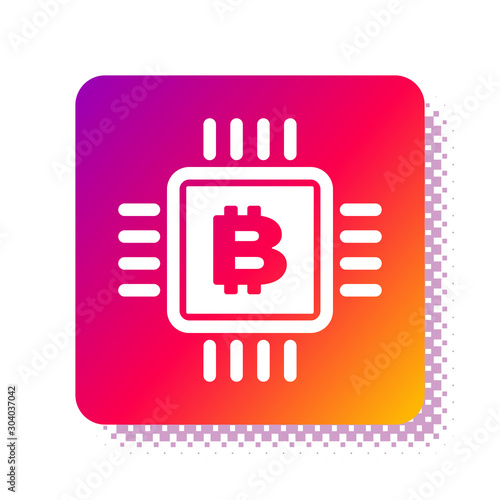 White CPU mining farm icon isolated on white background. Bitcoin sign inside microchip. Cryptocurrency mining community. Digital money. Square color button. Vector Illustration