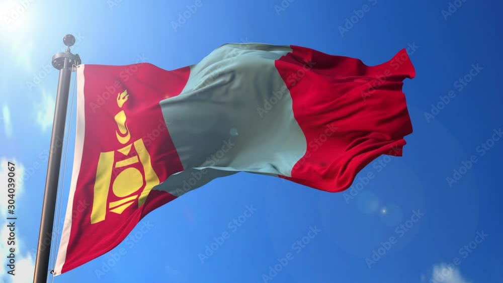 Mongolia animated flag in the wind with blue sky in the background ...