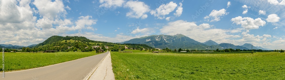 panorama view from plains towards mountains around bled slovenia