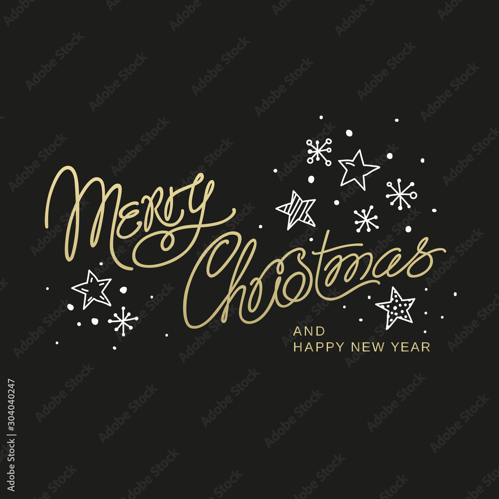 Merry Christmas and Happy New Year - a cute inscription with curls made by hand in the style of monoline, rasterized version