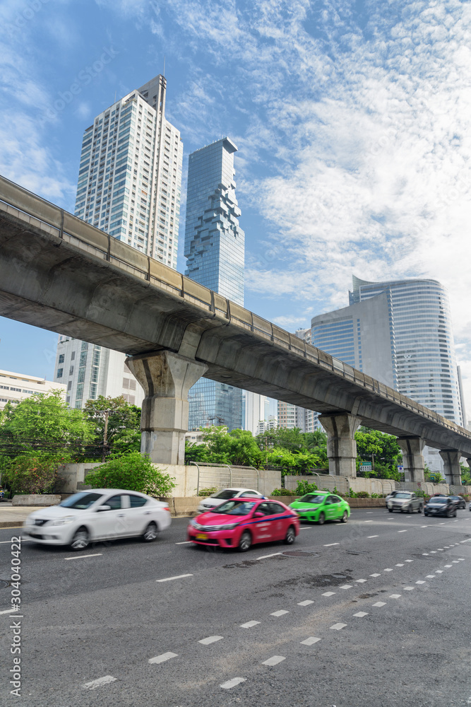 Sathon Road and viaduct of BTS Silom Line, Bangkok, Thailand